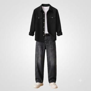 Men's Casual Streetwear Look: WROGN Mid-Rise Baggy Jeans & U-TURN Plus-Size Striped Cotton-Mix Shirt