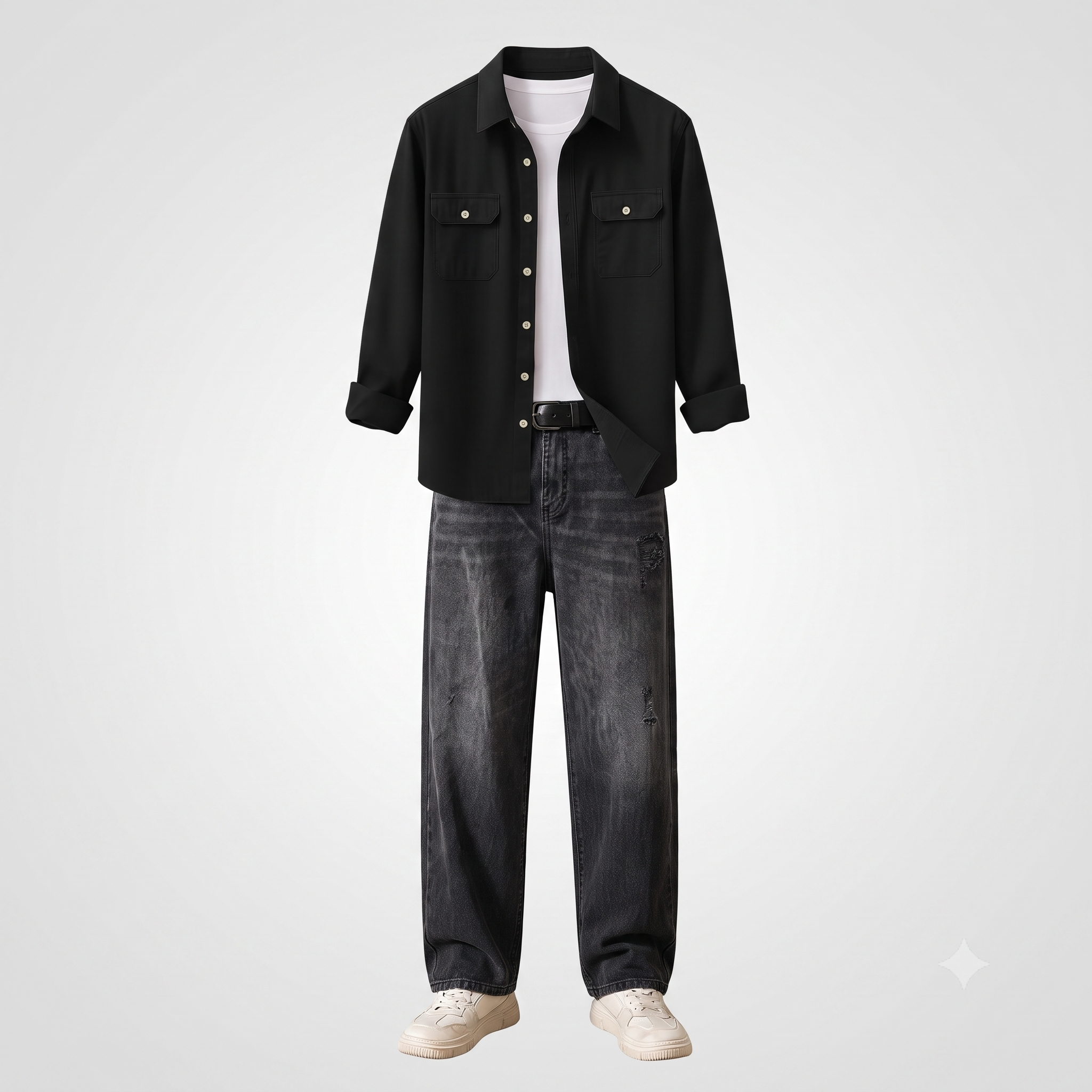 Men's Casual Streetwear Look: WROGN Mid-Rise Baggy Jeans & U-TURN Plus-Size Striped Cotton-Mix Shirt