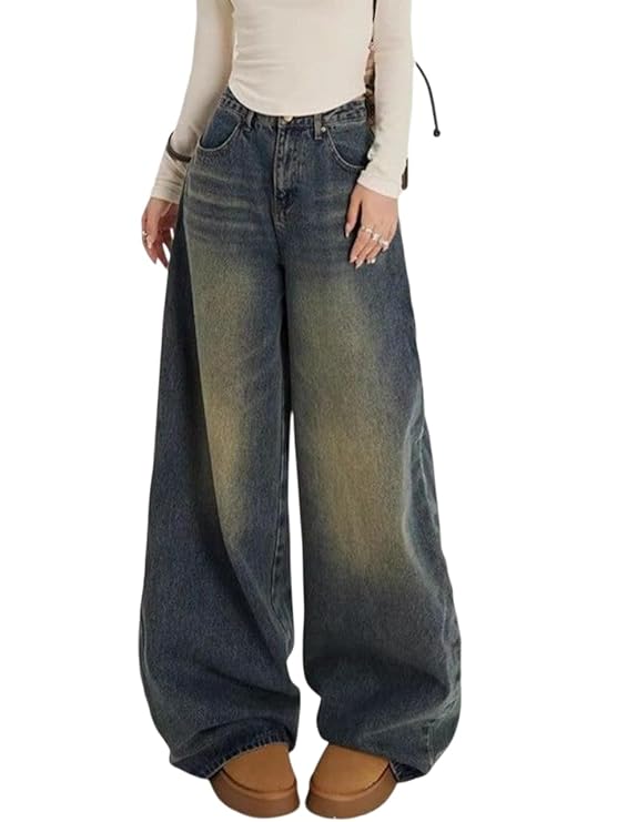 KOTTY Women Wide Leg Baggy Jeans High Waist Relaxed Fit Denim Casual Wear
