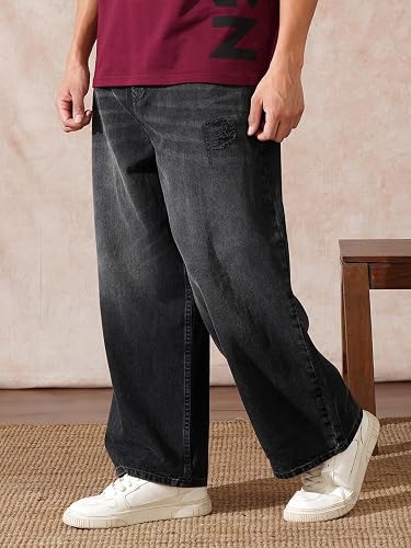 Men's Casual Streetwear Look: WROGN Mid-Rise Baggy Jeans & U-TURN Plus-Size Striped Cotton-Mix Shirt - Image 3
